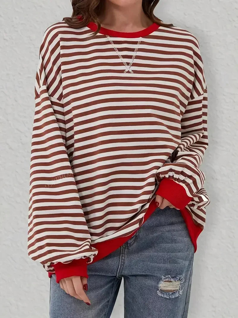 Plus Size 1XL-5XL Women Casual Casual Striped Drop Shoulder Long Sleeve Sweatshirt Women's Round Neck Loose Sweatshirt