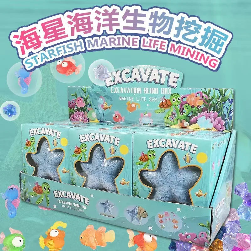 Archaeological Excavation Puzzle Toy Starfish Marine Life Dinosaur Fossil Gemstone Excavation Kit Includes 12 Real Gemstones