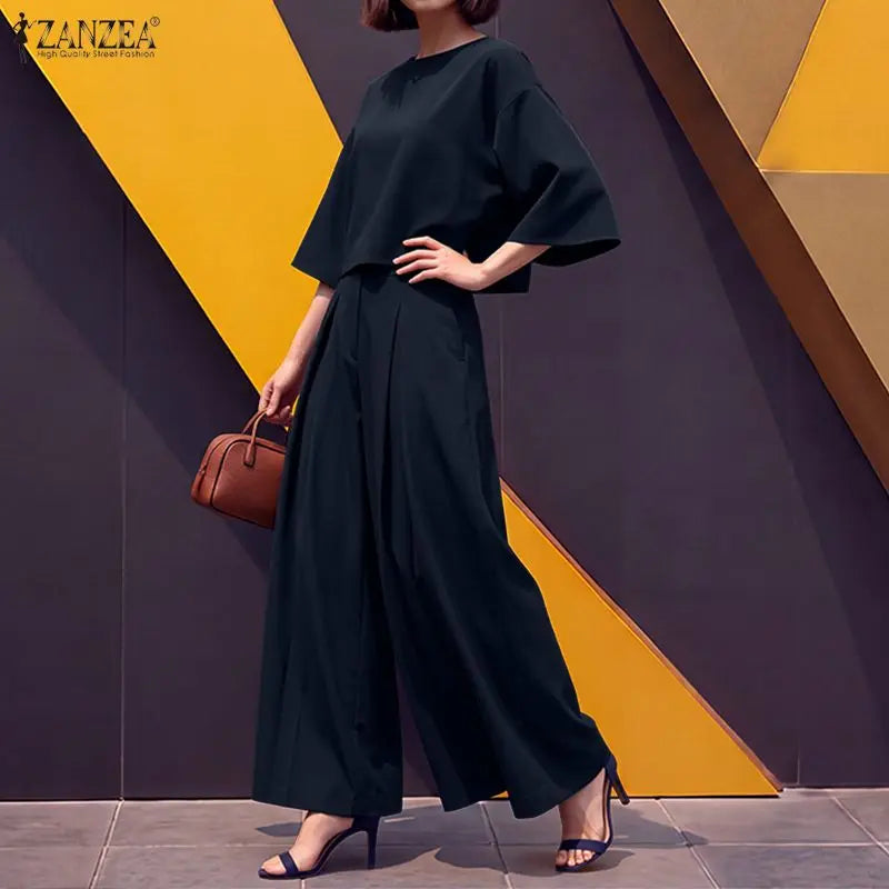 Women Pant Sets Boat Neck 3/4 Sleeve Crop Top & Wide Leg Pant 2-Piece Matching Sets ZANZEA Minimalist Elegant OL Work Co-ords