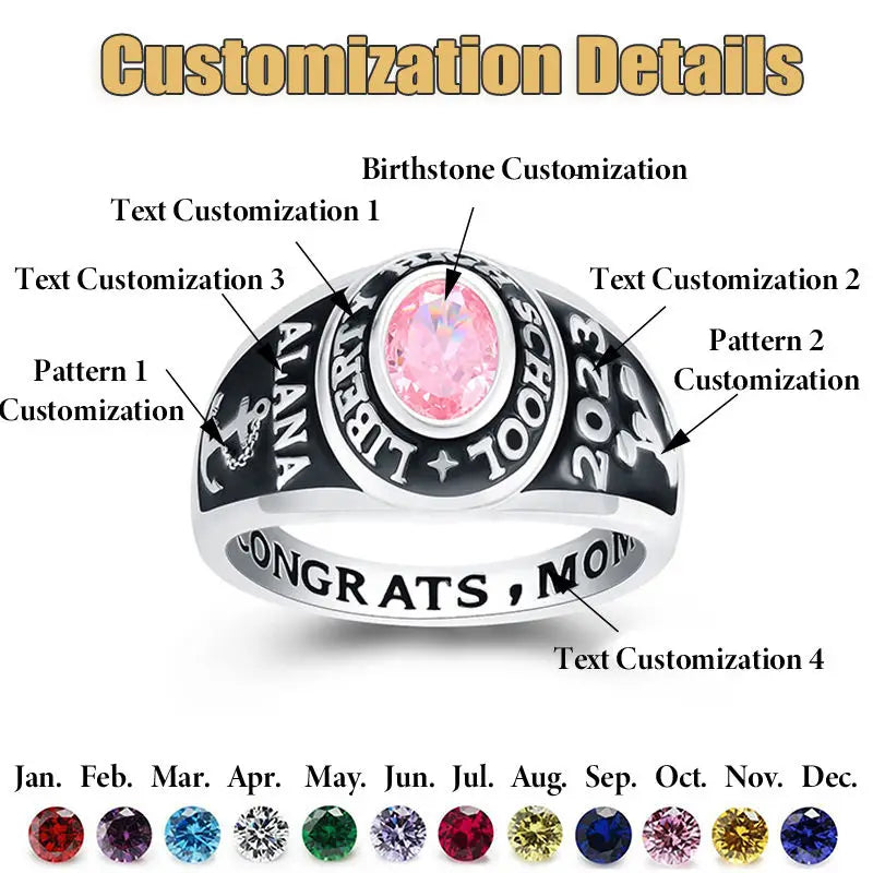 Customized graduation commemorative ring. Personalized with your name. Fashionable ring gift.