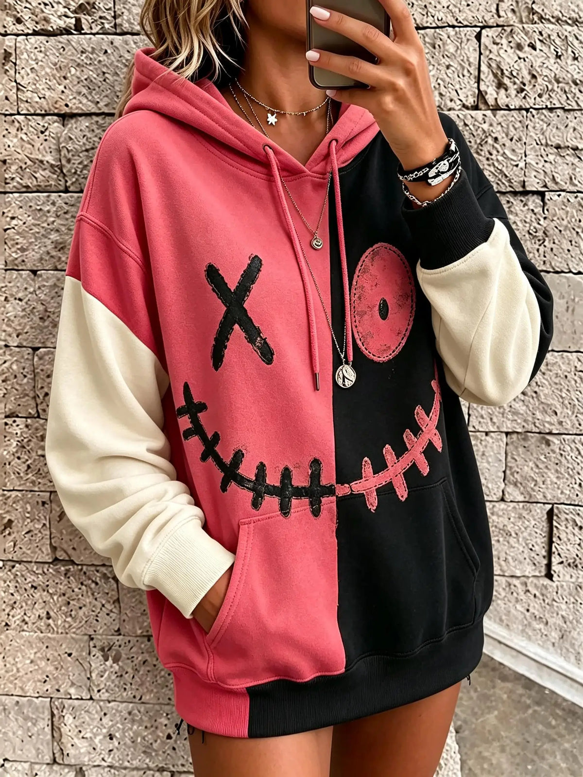 Women Fleece Color Block Hoodie Stitch Smile Face Patchwork Graphic Drawstring Kangaroo Pocket Halloween Sweatshirt