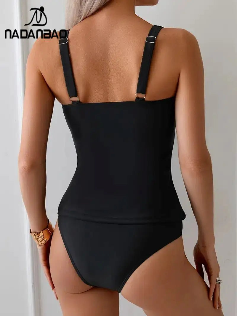 Nadanbao Scalloped Square Neck Bikini Suit Women Ruched Tummy Tankini Set Slim Strap Bathing Suit Black Two-Piece Beach Swimsuit