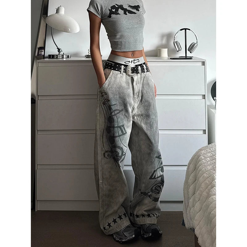 YIBASHU Women Baggy Jeans Y2k Japanese Streetwear Cyber Punk White Denim Pants Grunge Harajuku Cowboy 2000s Wide Fit American