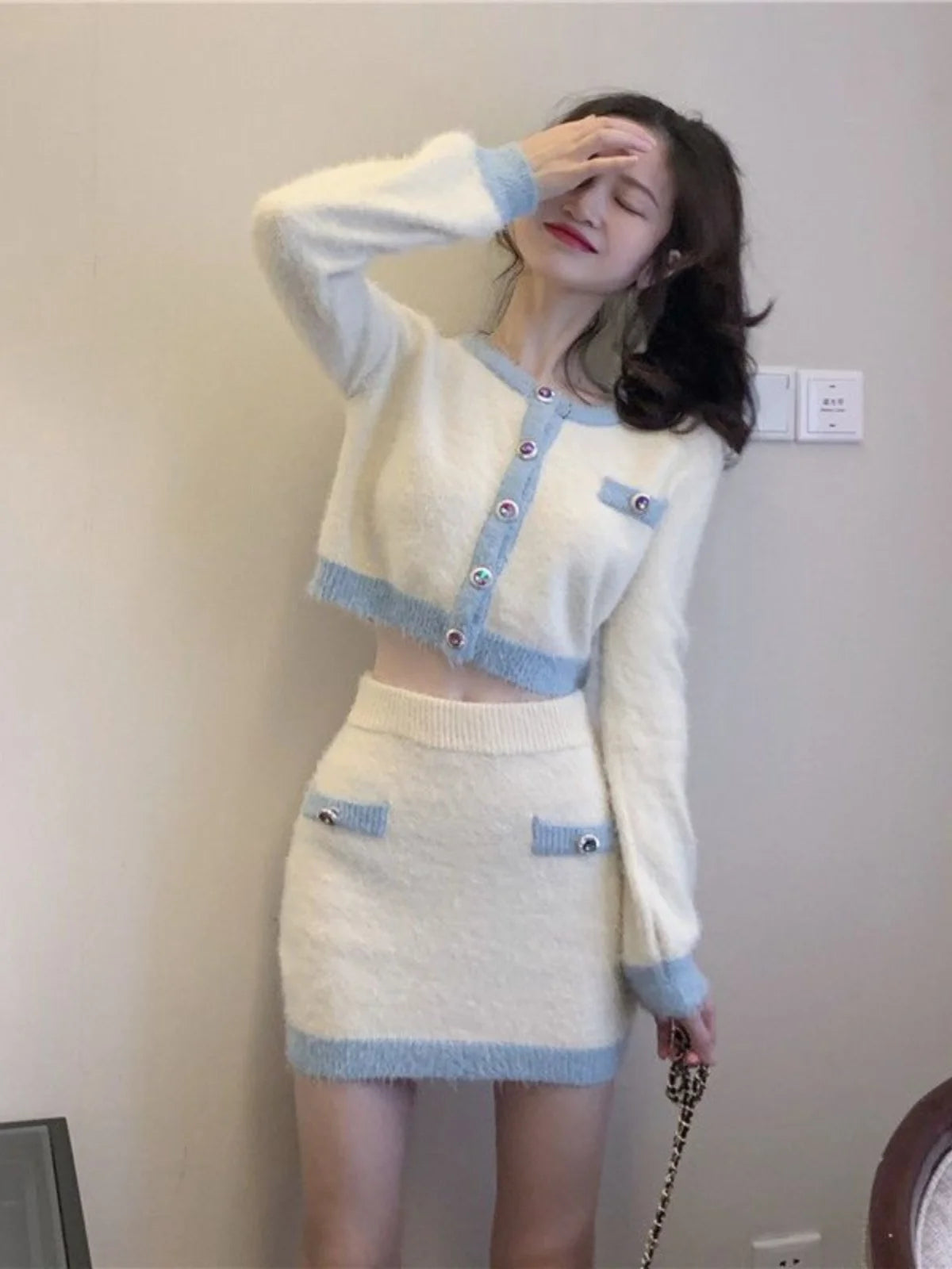 Casual Knitted Long Sleeve Two-Piece Set for Small Stature Women Autumn Fashion Slimming Dress Young-looking Ensemble