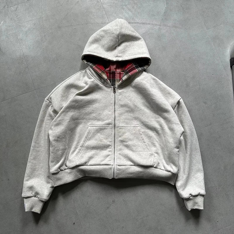 Korean Fashion Double Side Wear Plaid Hoodies Women Autumn Winter Zip Up Y2K Hooded Shirt Coats Trendy Female Loose Sweatshirts