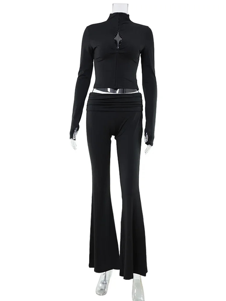 Casual Sheath Women Suit Fashion Sexy Turtleneck Long Sleeve Hollow Out 2 Pieces (Tops+Long Pant) Matching Sets Female Tracksuit