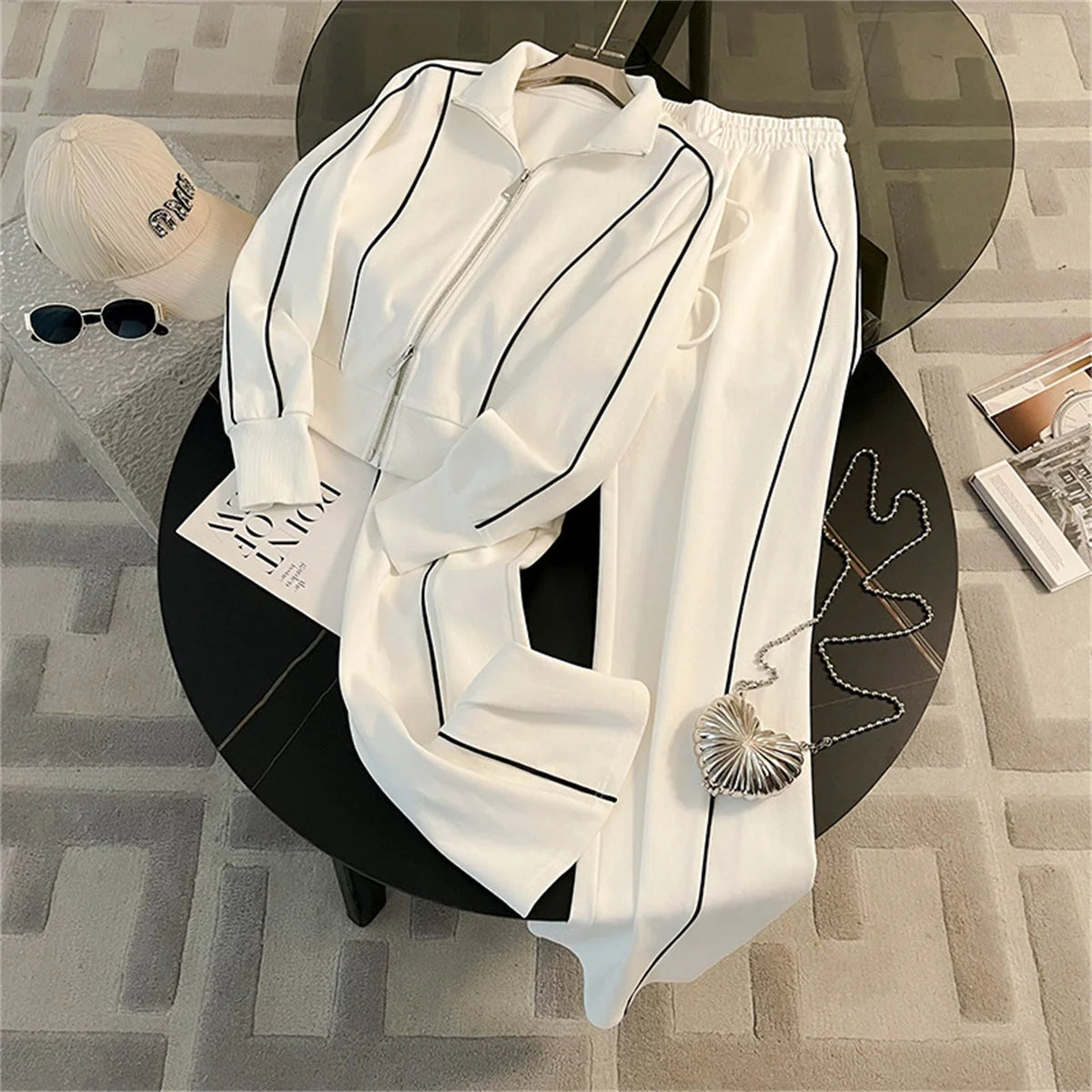 Autumn Winter Coat And Pant Set Women Fashion Zipper Long Sleeve Coat Wide Leg Drawstring Trousers Female Casual 2 Piece Sets