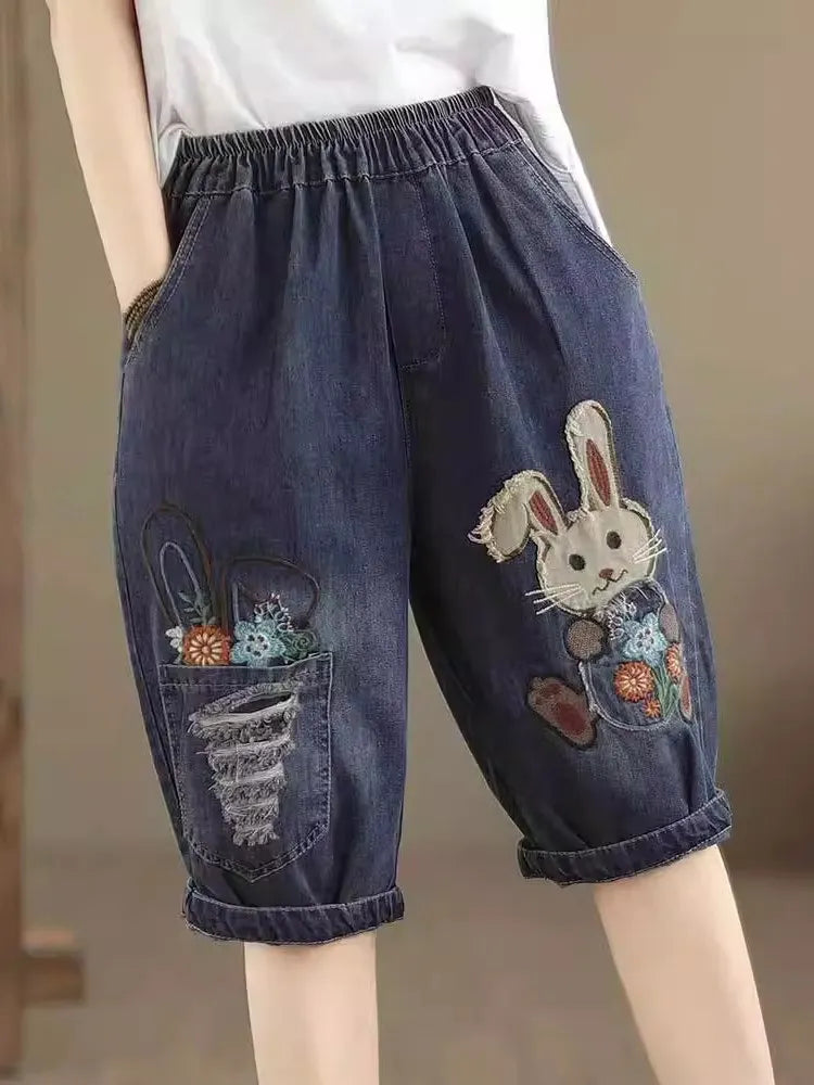 Summer Thin Cartoon Embroidered Loose Casual High Waist Harem Shorts Women's Five-Quarter Length Jeans Style Loose Fit Shorts