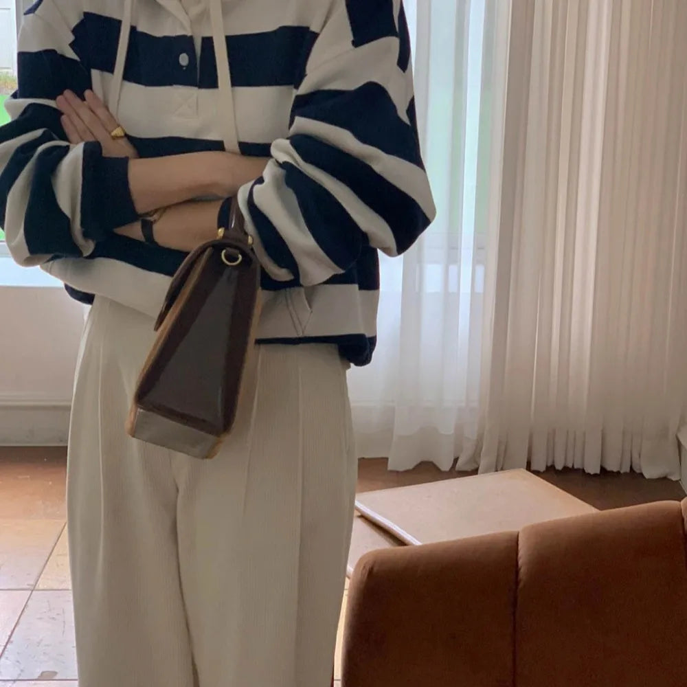 Korean Chic Striped Hoodie Women's Design Sensation Lazy Top High-End Feeling Early Autumn Polyester Fiber 100% Loose Fit