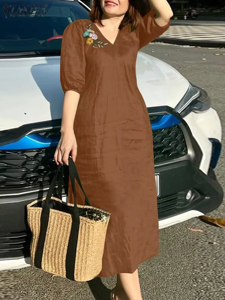 ZANZEA Women V Neck A-line Vestidos Solid Holiday Casual 2024 Summer Dresses Commute Half Sleeve Floral Embroidery Midi Dress