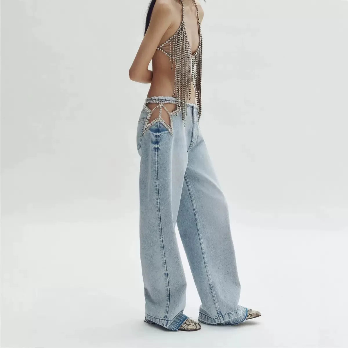New Light Blue Washed Wide Leg Jeans Women Star Cutout Rhinestone Waist Detail High Waist Baggy Denim Pants Y2K Streetwear