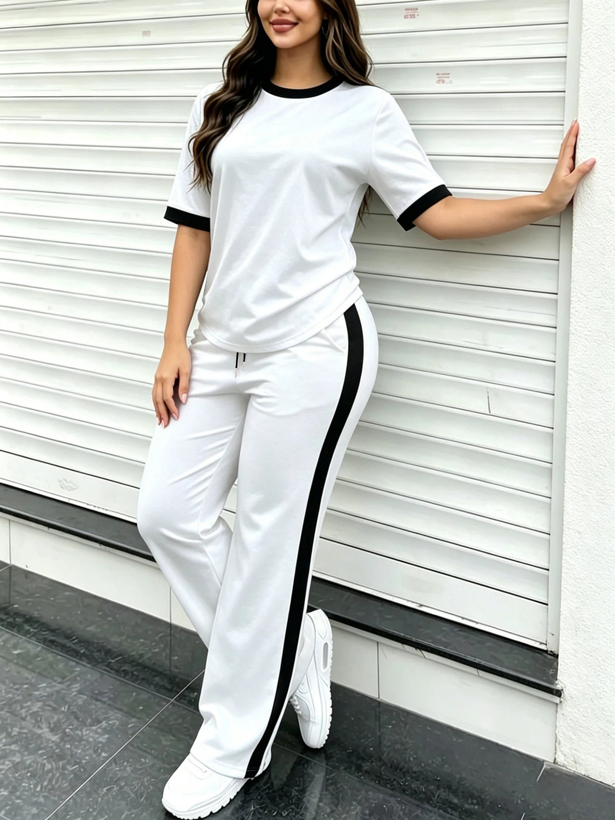 Everyday versatile casual outfit, solid color women's two-piece set, loose-fitting and flattering women's suit, youthful and age-reducing short-sleeve long pants jogger set, autumn and winter school wear, women's clothing