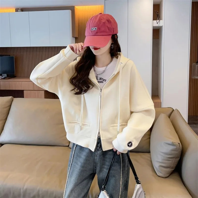 Women's Korean Style Letter Print Cropped Hoodie Zip-Up Sweatshirt Loose Petite Zipper Hooded Coat Casual Trendy Autumn Winter O
