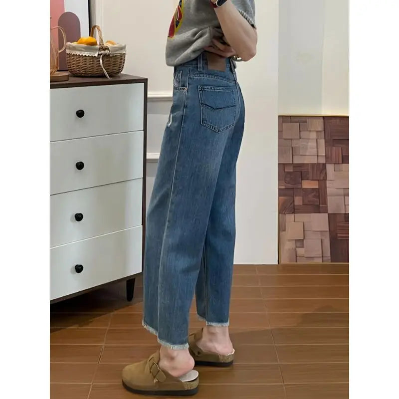 High Waist Blue Ripped Nine-Tenths Jeans Women's Summer Thin Loose Plus Size Straight Leg Wide Leg Pants Casual Slimming
