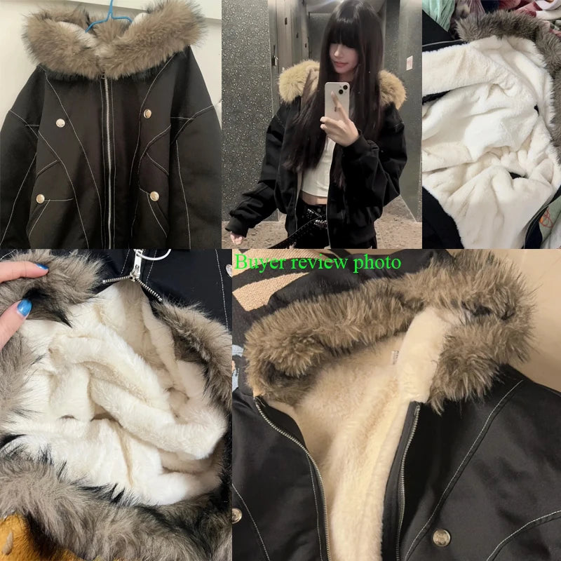 Hip-hop Winter Men Coat New Casual Thick Warm Women Parka Coat Streetwear Loose Hooded Faux Mink Collar Couple Short Coat
