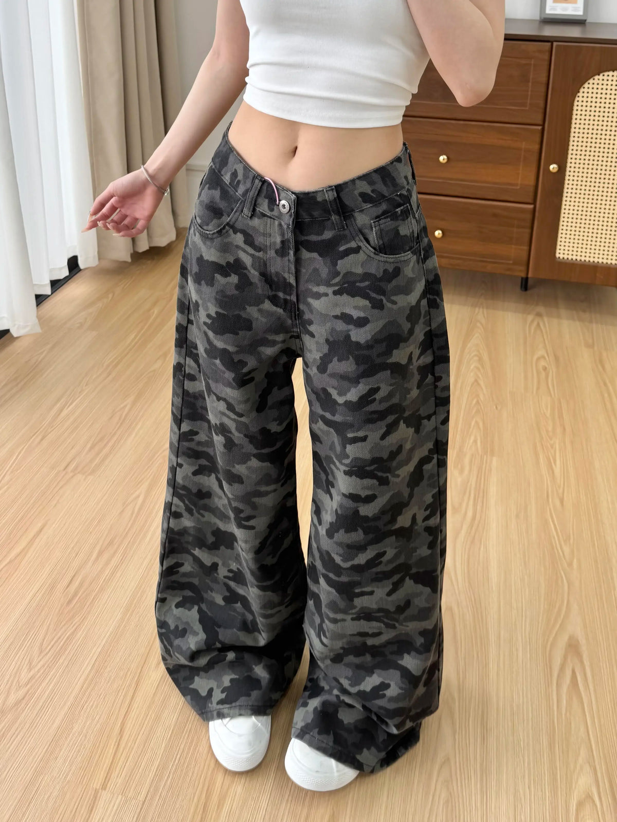 zjaiss Wide Leg Denim Pants Vintage Camo Women Jeans 2026 Autumn High Waist Niche Loose Casual Floor-Length Straight Trousers