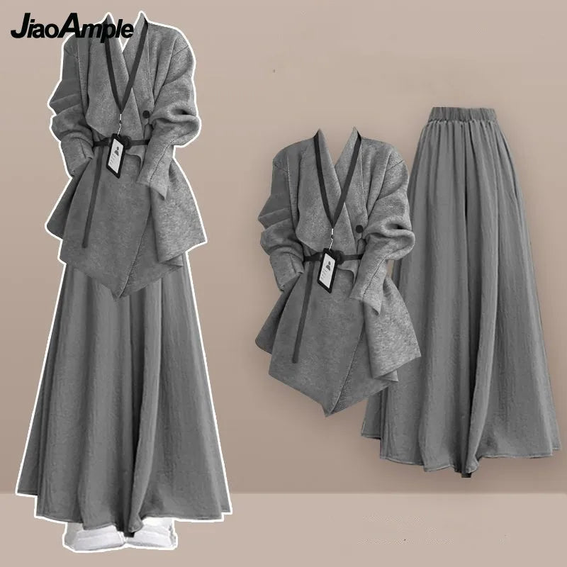 2025 Autumn/Winter Korean Elegant In Matching Set Women's Fashion Knitted Cardigan Coat+Loose Skirt Pants Two Piece Suit