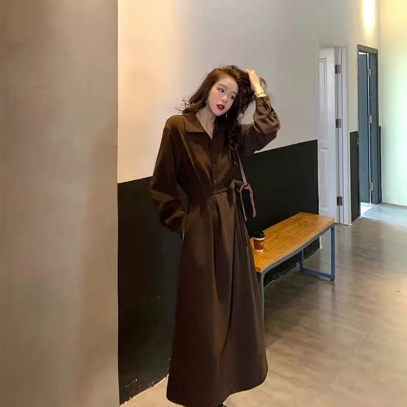 Dress Hebe Style Elegant Black Long Dress Women's Shirt Collar Waist-Cinching Slimming Autumn Winter Korean Version City Commute