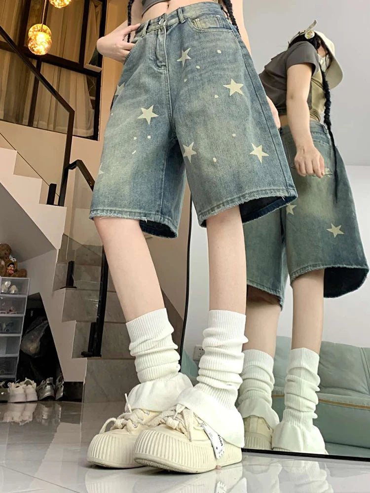 Women High Waist American Retro Washed Wide Leg Jeans Girls Street Do Old Star Loose Denim Pants Female Blue Knee Length Shorts