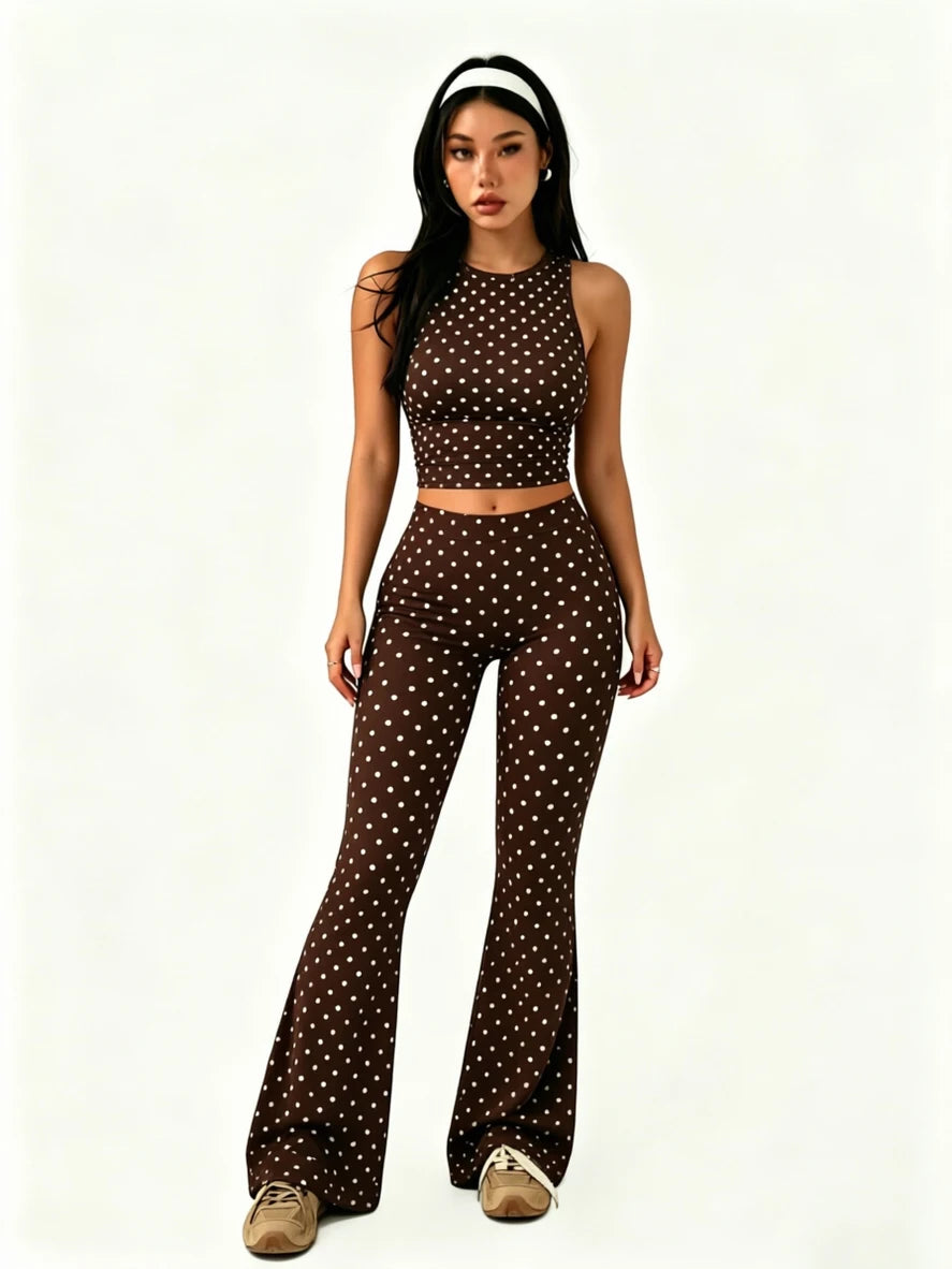 2Packs Y2K Women Polka Dot 2 Piece Set Crop Tank High Waist Flare Pants Vintage Club Daily Outfit