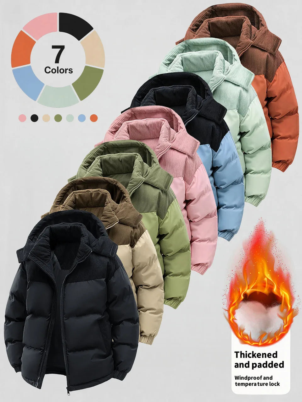 Men's Winter Detachable Hooded Cotton Jacket, Corduroy Color-Blocking Patchwork Cotton Coat, Thick Padded Windproof Loose Outdoor Casual Men's Jacket, Multiple Colors Available