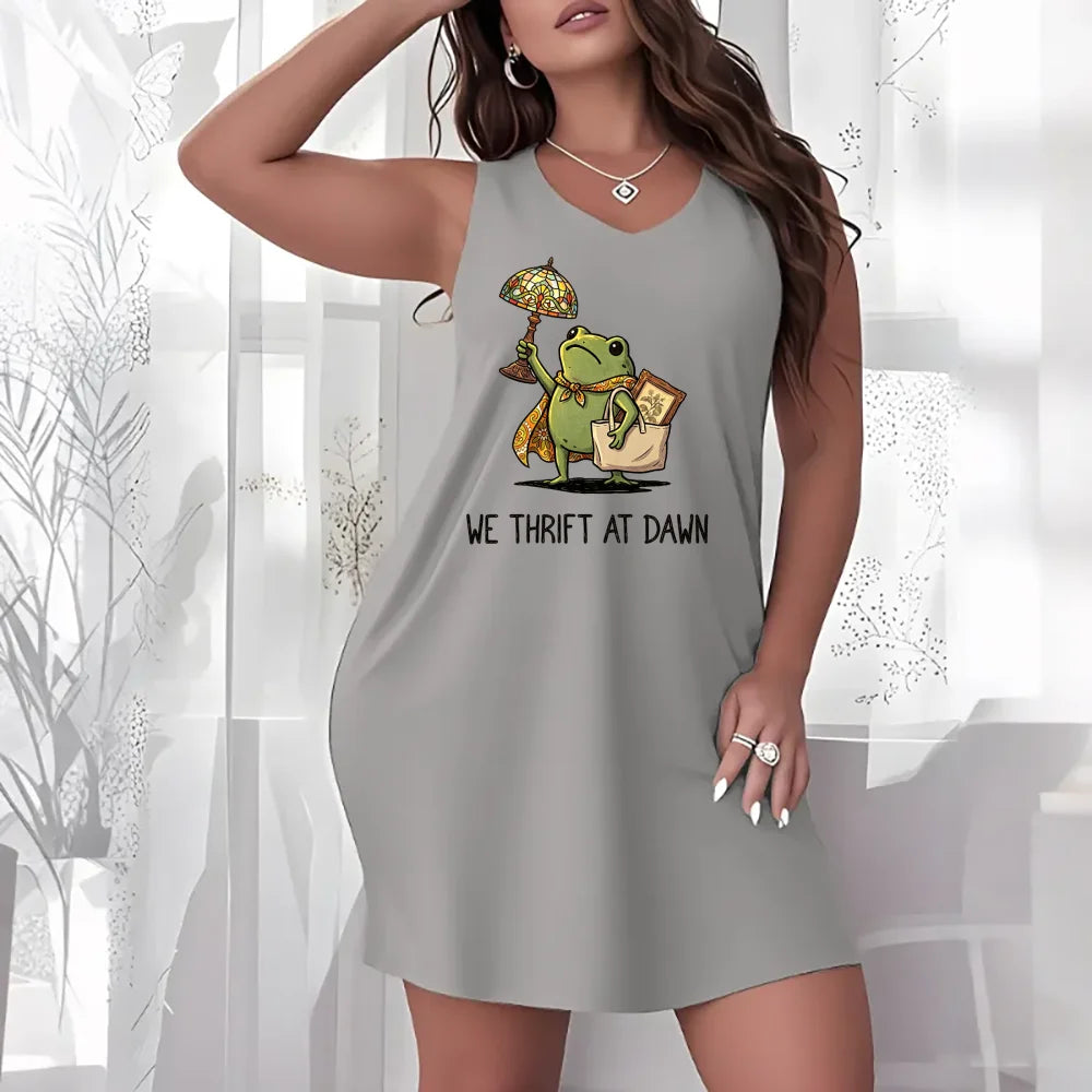 Casual Dress Women Sleeveless Crew Neck Dress Funny Frog We Thrift At Dawn Slogan Print Loose Casual Dress Home Loungewear Sleeveless Dress