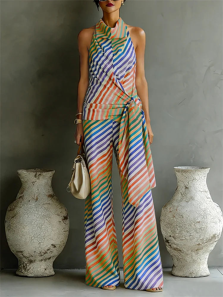 UOOZEE 2026 Women Evening Contrast Color Striped Matching Set Sleeveless Backless Halter-Neck Vest Top & Palazzo Pants Sets