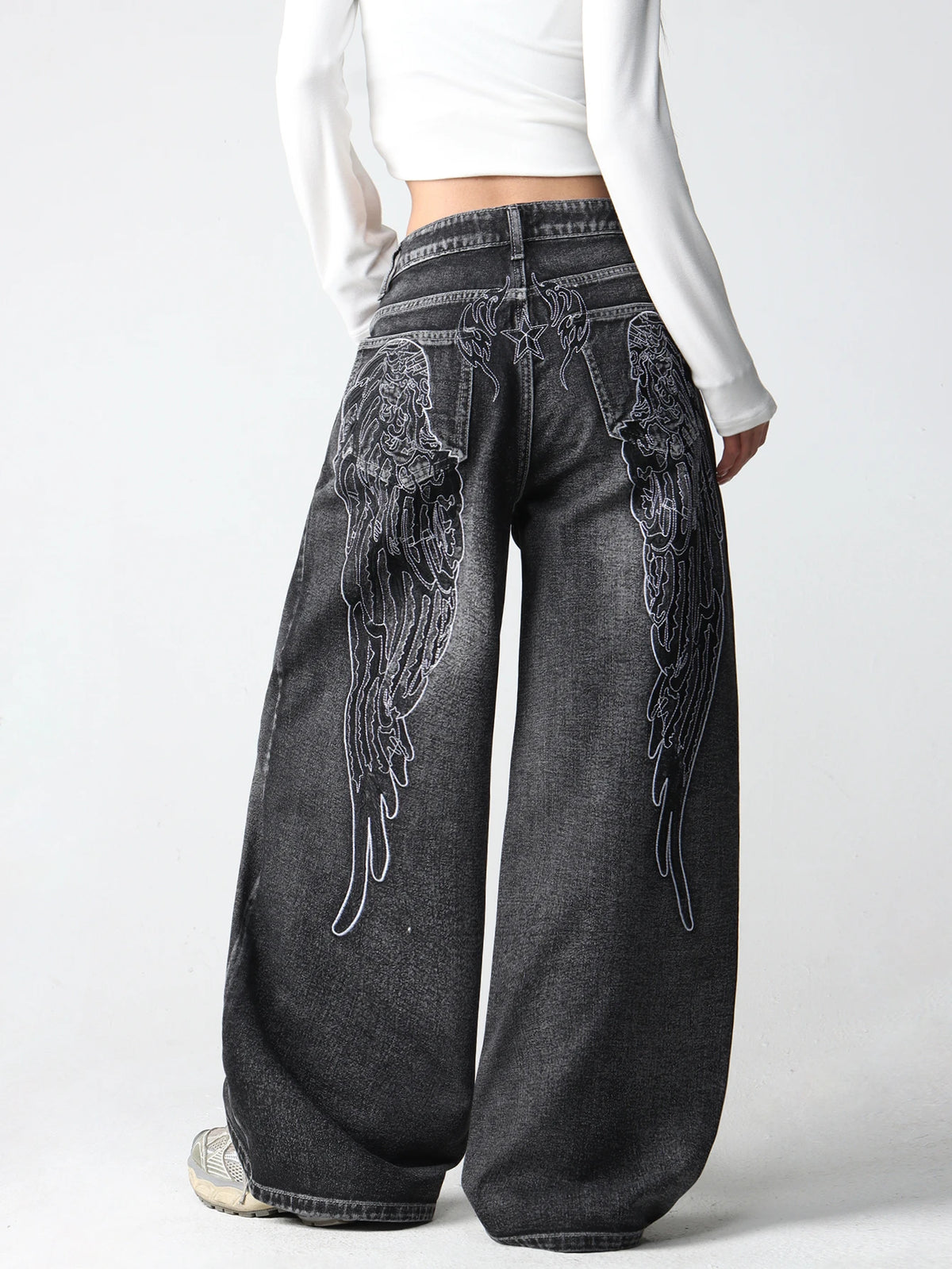 1 Pc American Retro Creative Wings Embroidered Black Loose Jeans Women Y2K Street Fashion Versatile Slimming Wide Leg Pants