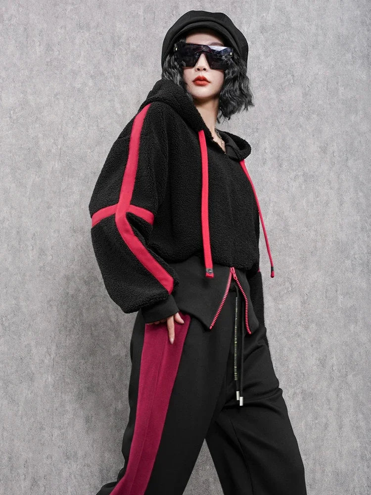 AmaxluluE Korean Winter Fashion Loose Hoodies Womens Vintage Striped Sweatshirts Ladies Classic Leisure Punk Hooded Fur Clothes
