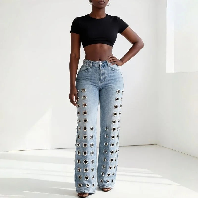 Girls Fashion Metal Ring Cutout Hollow Out Straight Leg Jeans Female Mid-rise Slim Fit Denim Pants Women Retro Designer Trousers