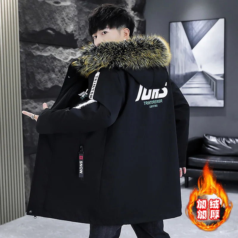 Winter New Men's Parka Hooded Woolen Collar Cotton Coat Thickened Warmth Fashionable Mid length Wool Liner Jacket