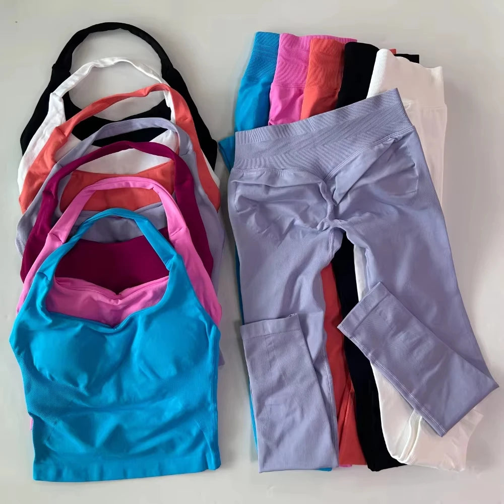Set Women Gym 1-2pcs Gym Set Women Backless Tank Tops High Waist Scrunch Seamless Shorts High Waist Yoga Leggings Workout Sets Gym Suit
