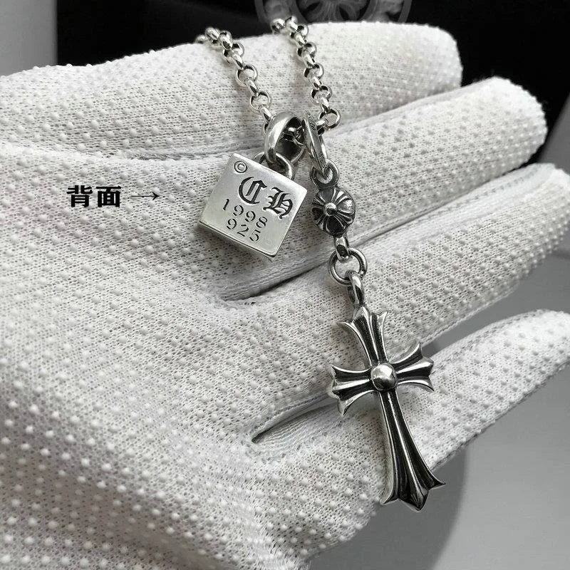 New Cross Necklace Men's and Women's Personality Long Cross Double Pendant Vintage Thai Silver Necklace