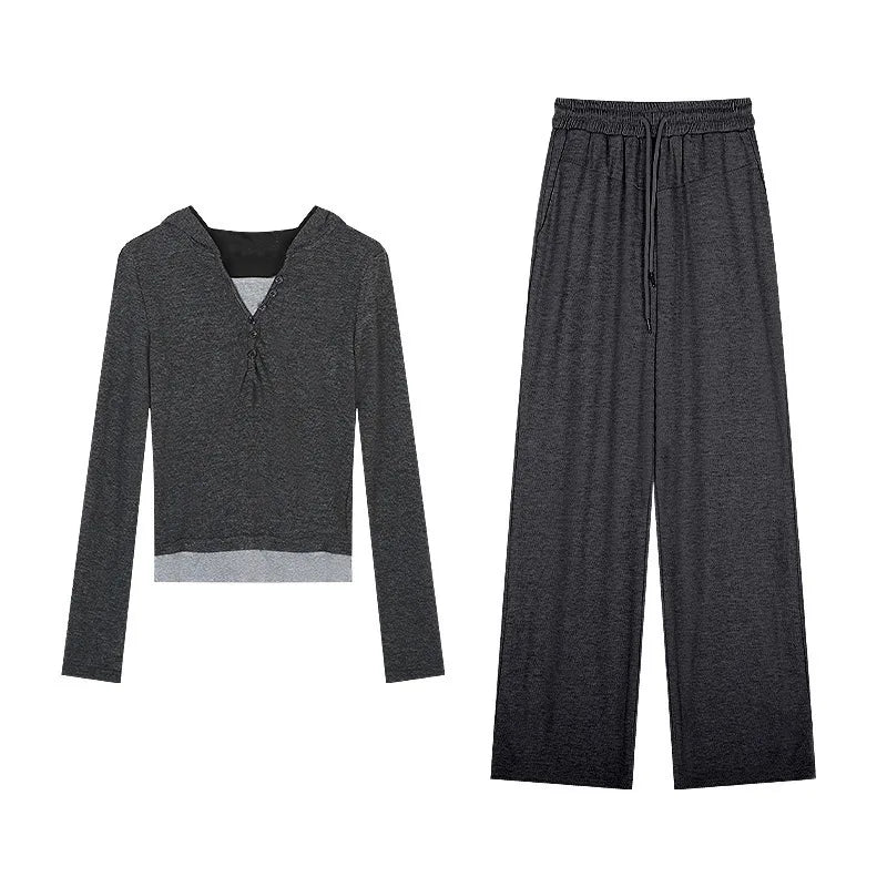 New Autumnal Women's Casual Sportswear Set Fake Two-Piece Long Sleeve Top High Waist Wide Leg Pants Comfortable Polyester