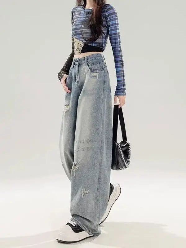 Retro American Washed Denim Jeans High Waist Loose Slim Straight Leg Wide Leg Long Pants Women Summer Style Casual Jeans