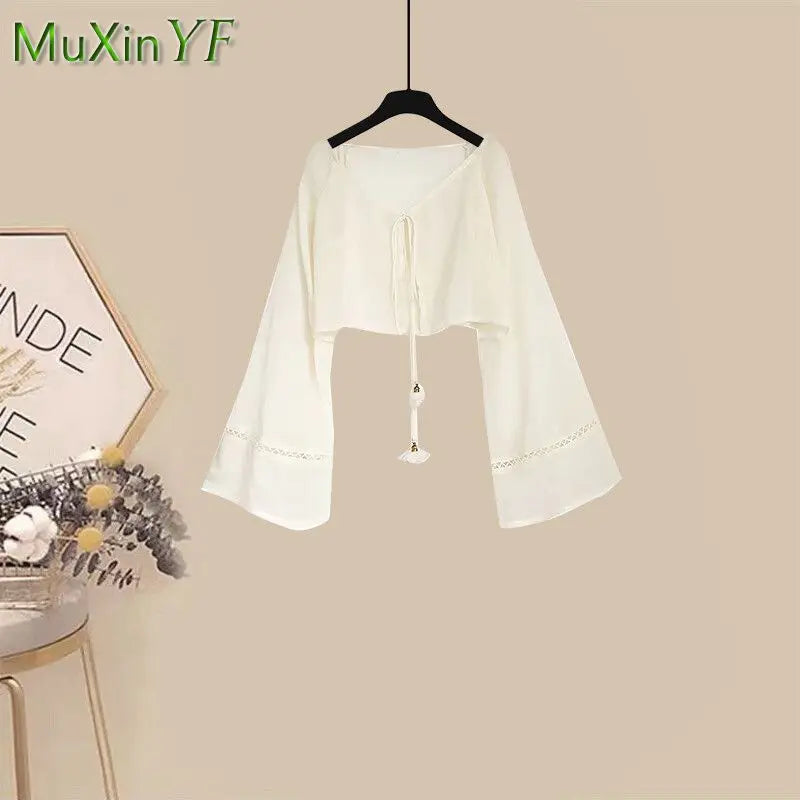 Women 2026 Summer Chiffon Sunscreen Shirt+Strap+Loose Skirt Pants 3-Piece Suit Korean Elegant Casual Tracksuit Matching Set