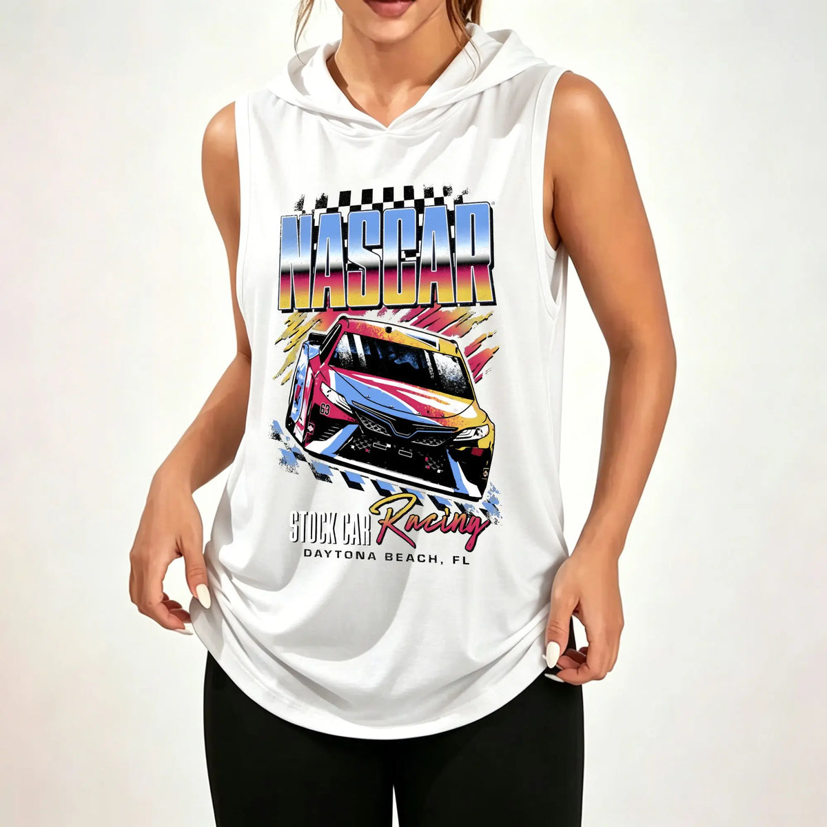 Women Sleeveless Hooded Tank Top, Retro Nascar Stock Car Racing Graphic Print, Casual Loose Sleeveless Hoodie Daily Hood Tank Tops ****