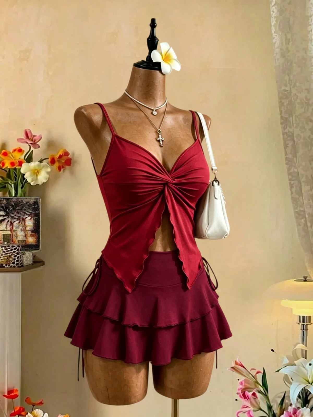 Women 2 Piece Outfit V Neck Knot Front Cami Top + High Waist Tie Side Ruffle Mini Skirt Y2K Sexy Vacation Party Matching Set