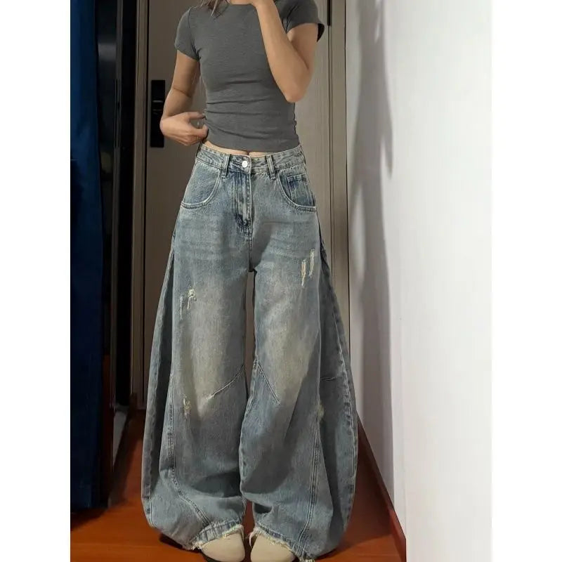 2026 Distressed Wide Leg Denim Jeans Women's High Waist Straight Cut Comfortable Casual Stylish Torn Hole Design