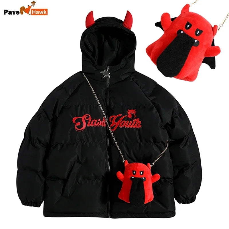 Winter Parkas Jacket Men Women Street Devil Horns Wing.Doll Bag Hooded Padded Coat Thick Warm Hip Hop Puffer Bubble Coats Unisex