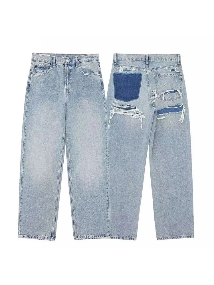 HH 2024 Women's Street Fashion Denim Blue Jeans Distressed Patchwork High Waist Zipper Fly Ripped Retro Long Pants