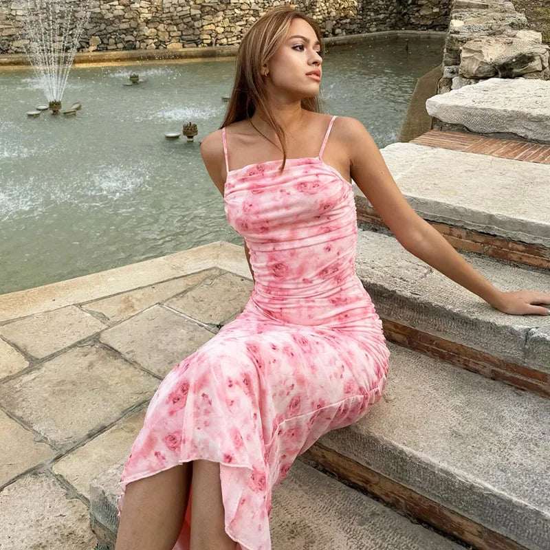 Sexy Elegant Floral Print Ruched Dress Spaghetti Strap Backless Women Dresses Summer Party Birthday Club Ladies Clothes