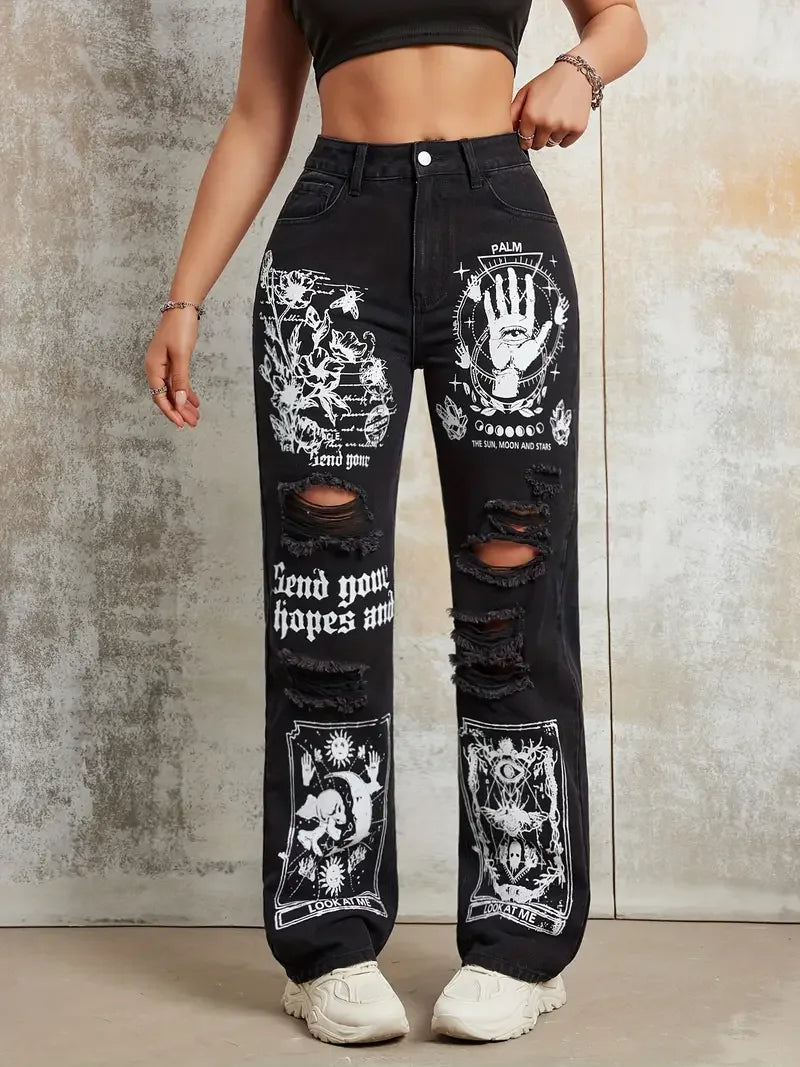 2025 Style Women's Jeans Women's Spring And Autumn Hot Selling Street INS Same Style Print Ripped Straight Jeans