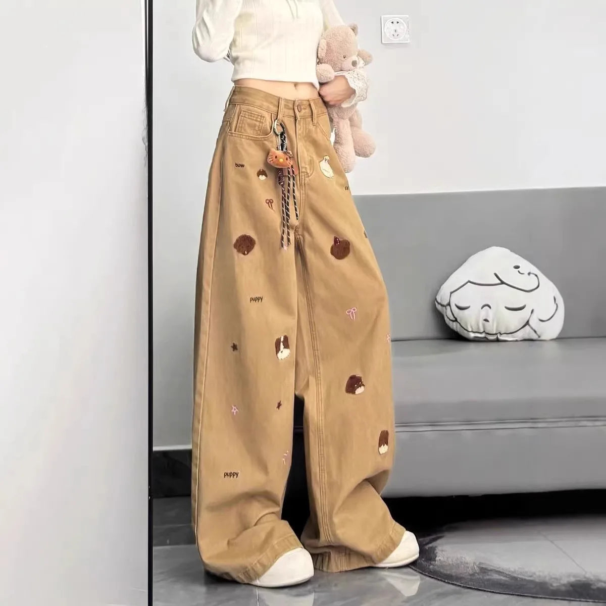 Women Maillard Style Khaki Embroidered High Waist Wide Leg Jeans Loose Casual Pants