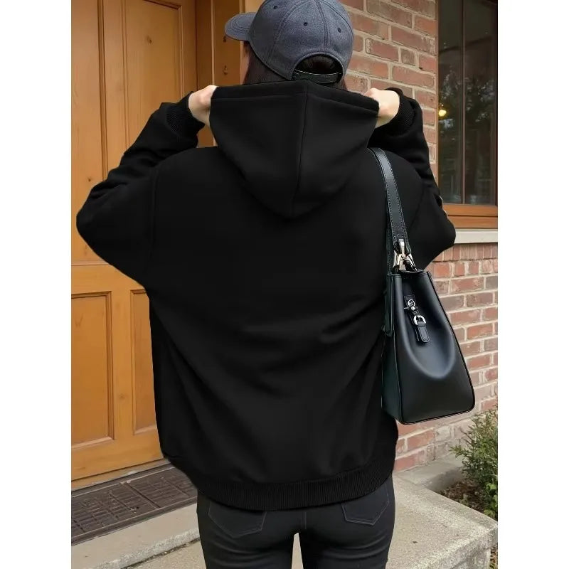 Women'S Spring Autumn Winter Fleece Lined Hooded Zip-Up Sweatshirt Jacket, Loose Zip Style for Street Trendy Look