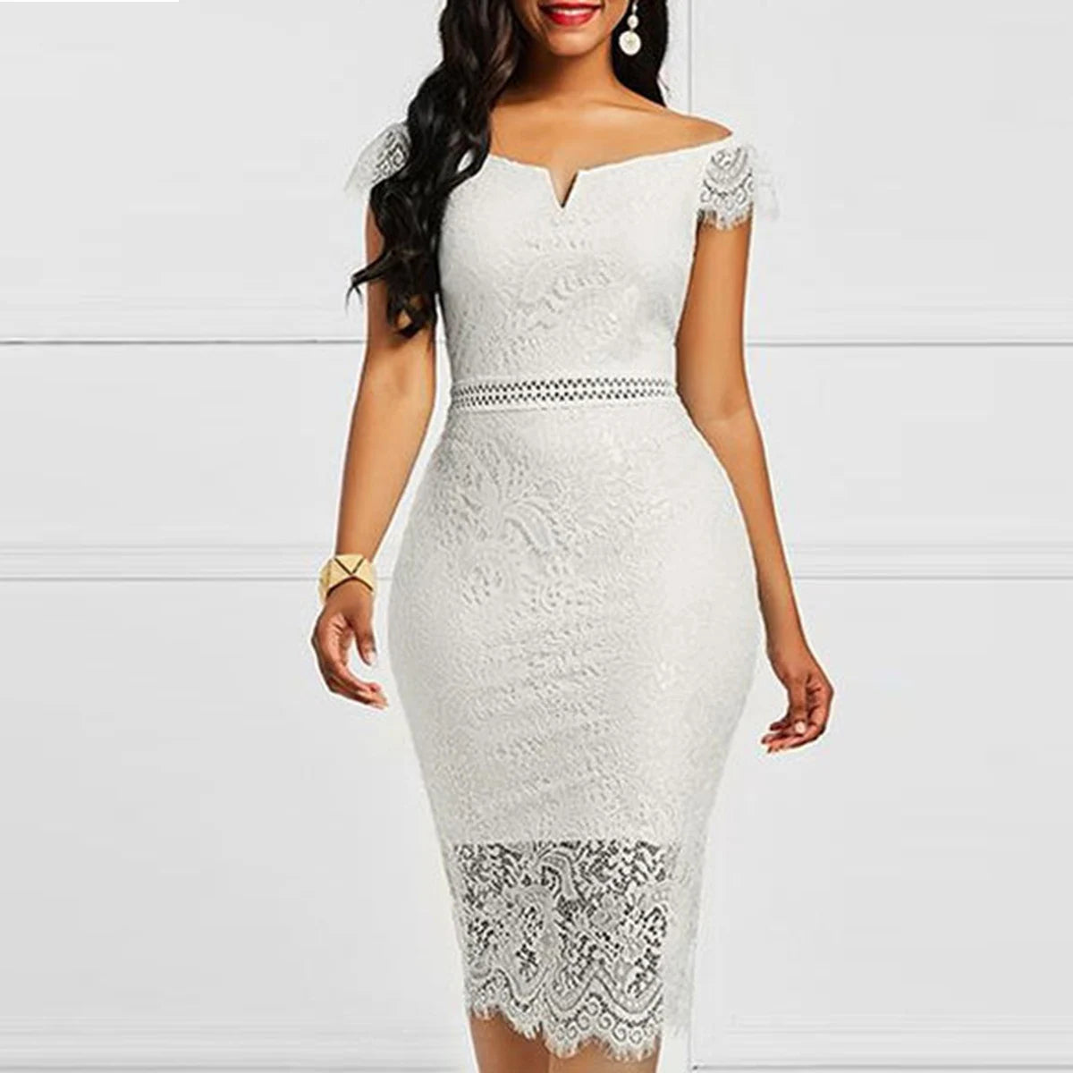 Summer Women Sexy Short-Sleeved V-Neck Lace Dress Casual Women Fashion Slim-Fit Dress