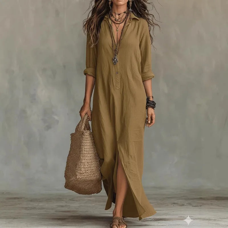 Women Lapel Collar Maxi Dress Half Button Rolled Sleeve Front Split Long Dress Woman Clothes Casual Loose Vacation Shirt Dress