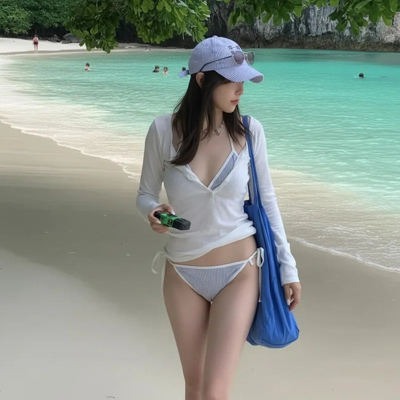 Women 4 Piece Striped Halter Bikini Long Sleeve Button Cover Up Drawstring Shorts Tummy Control Nautical Beach Vacation Swimwear