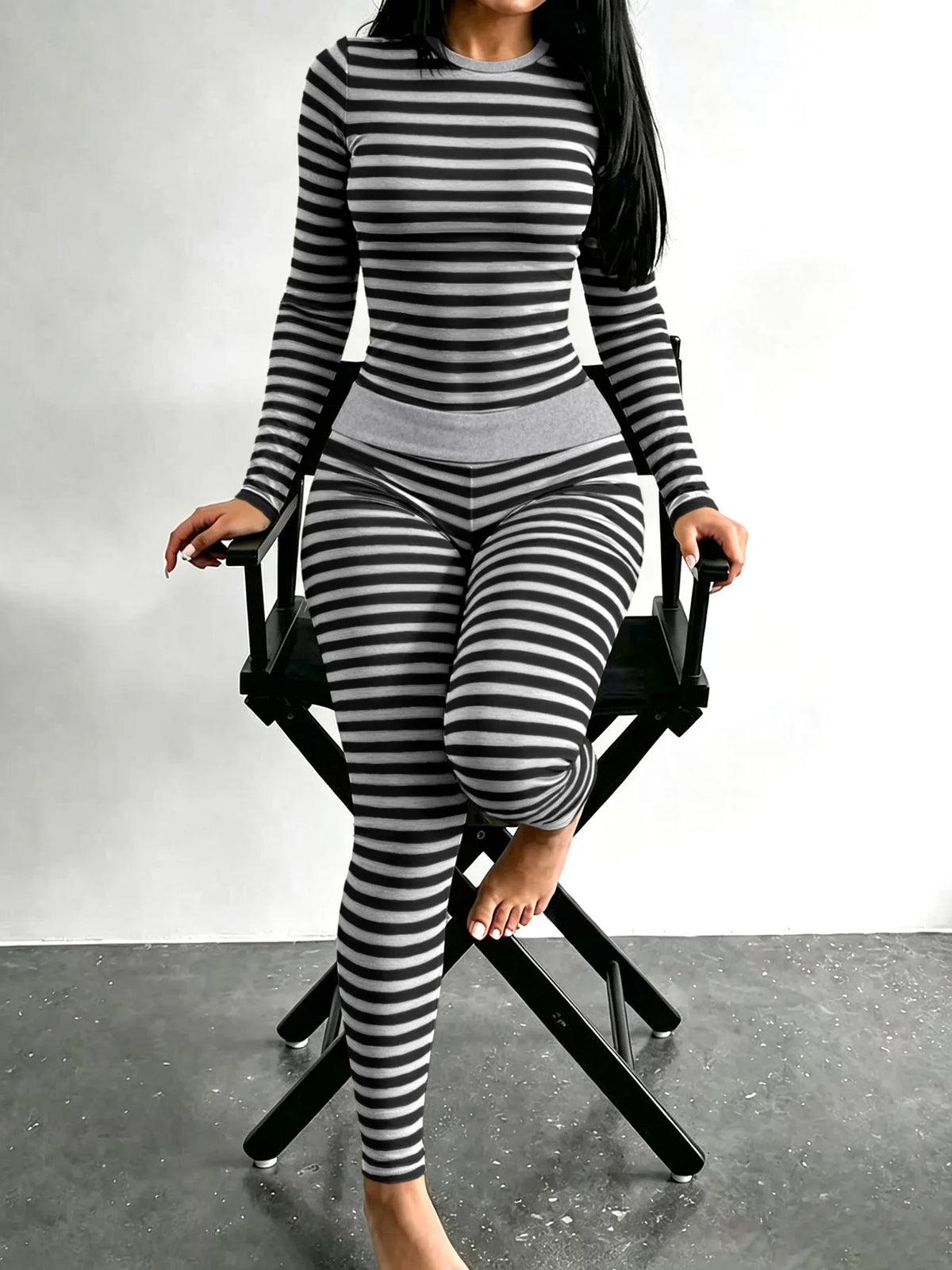 Women's Round Neck Striped Dual Color Long Sleeve Long Pants Fitness Casual Set Tight Home Wear 2026 European And American Cross