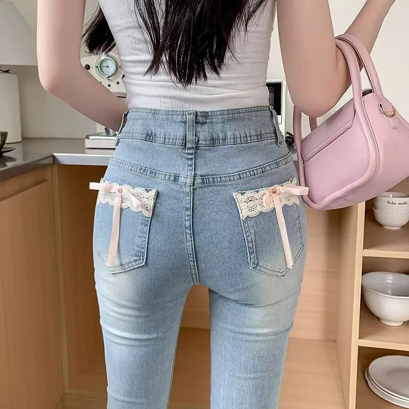 Woman Daily Vintage Blue Flare Jeans Female High Waist Stretch Bell Bottom Pants Girls Kawaii Lace Bow Decoration Denim Trousers
